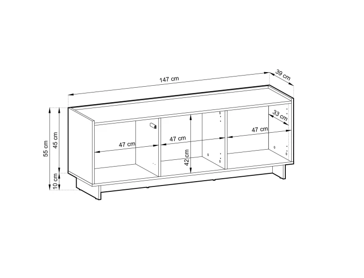 Rysunek techniczny szafki RTV Yasumi 147 dąb karmelowy przedstawiający szczegółowe wymiary: szerokość 147 cm, wysokość 55 cm oraz głębokość 39 cm