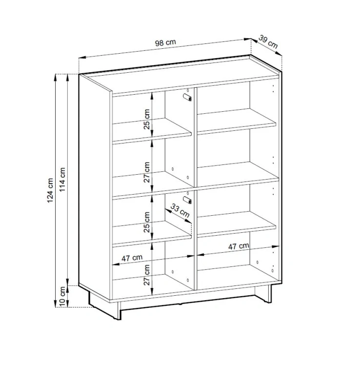 Rysunek techniczny wysokiej komody Yasumi KW98 dąb karmelowy z wymiarami: szerokość 98 cm, wysokość 124 cm, głębokość 39 cm