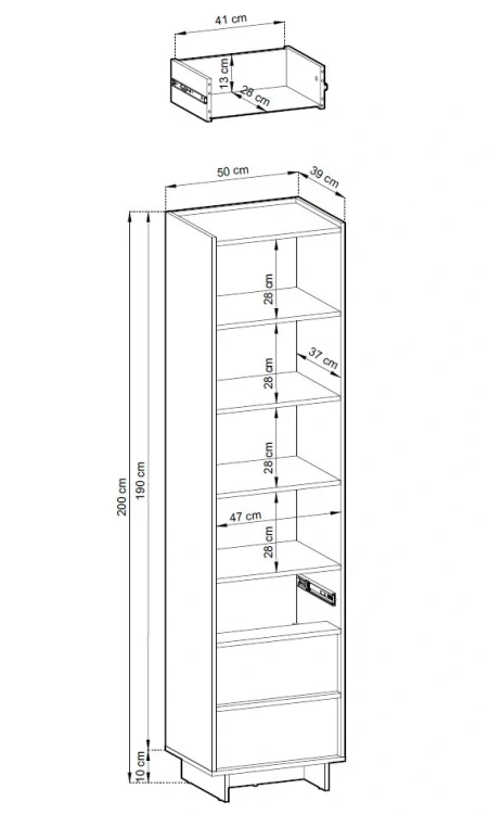 Rysunek techniczny regału Yasumi R50 dąb karmelowy z wymiarami: szerokość 50 cm, wysokość 201 cm, głębokość 39 cm