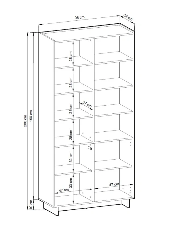 Rysunek techniczny regału Yasumi R98 dąb karmelowy z wymiarami: szerokość 98 cm, wysokość 201 cm, głębokość 39 cm