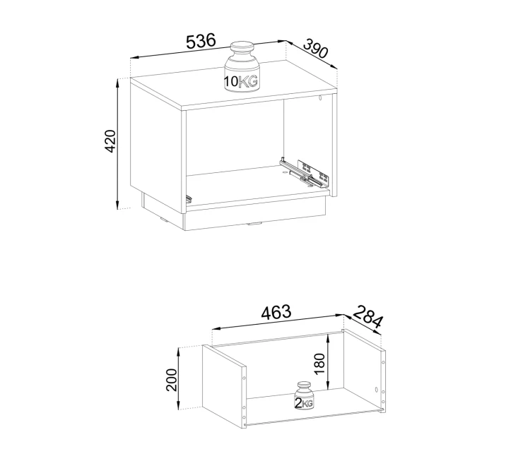 Rysunek techniczny szafki nocnej Royal S54: szerokość 53,6 cm, wysokość 42 cm, głębokość 39 cm