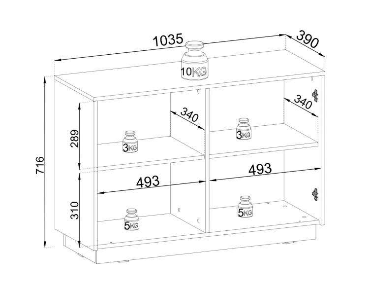 Rysunek techniczny komody Royal K104: szerokość 103,5 cm, wysokość 71,6 cm, głębokość 39 cm