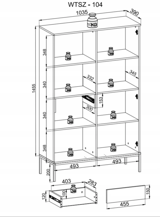 Rysunek techniczny witryny Sento WTSZ104: szerokość 104 cm, wysokość 166 cm, głębokość 39 cm