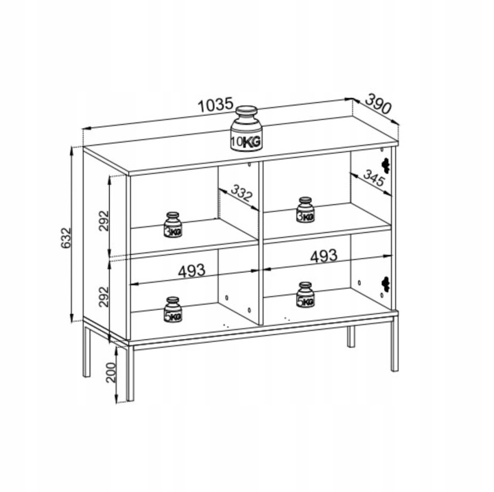 Rysunek techniczny komody Sento K104: szerokość 104 cm, wysokość 83 cm, głębokość 39 cm