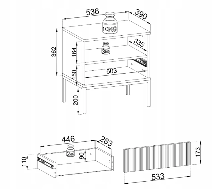 Rysunek techniczny szafki nocnej Sento S54: szerokość 53,6 cm, wysokość 56,2 cm, głębokość 39 cm