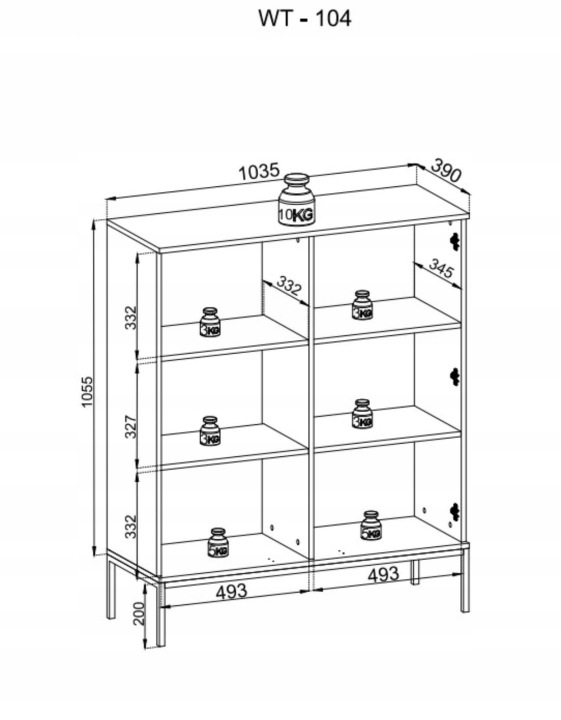 Rysunek techniczny witryny niskej Sento WT104: szerokość 104 cm, wysokość 126 cm, głębokość 39 cm – dokładne wymiarowanie bryły