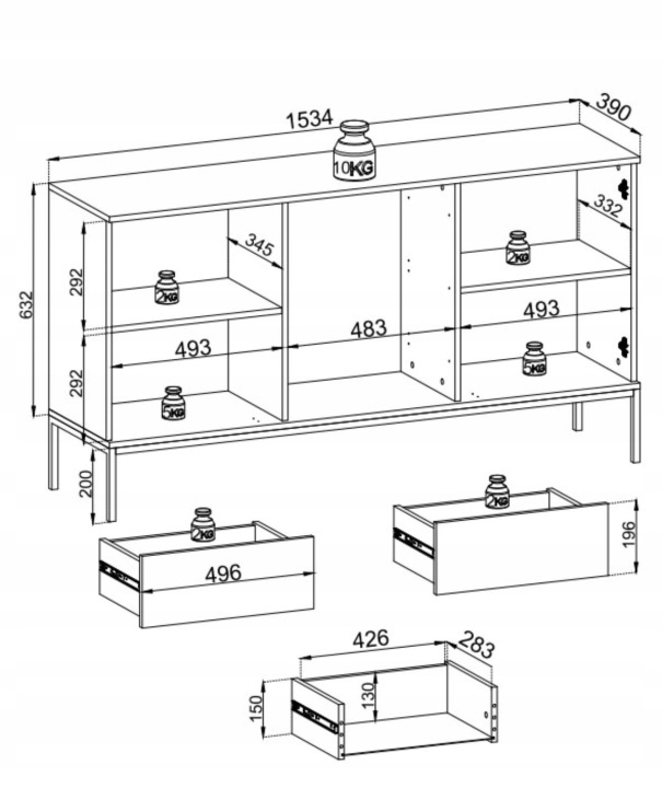 Rysunek techniczny komody Sento KSZ154: szerokość 154 cm, wysokość 83 cm, głębokość 39 cm – rzut z wymiarowaniem bryły
