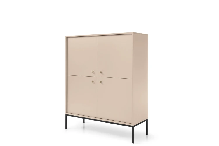 Nowoczesna wysoka komoda Mono MK104 beżowa ujęcie pod kątem, widoczna wysokość 125 cm i elegancka linia czarnego stelaża