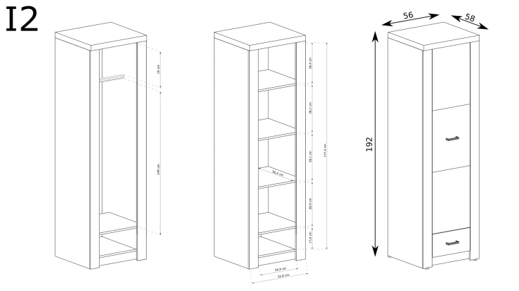 Szafa Indianapolis I-2 Kraft Biały – rysunek techniczny z wymiarami