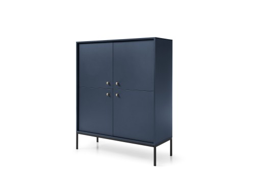 Komoda granatowa wysoka Mono MK104 ujęcie pod kątem, widoczna wysokość 125 cm i elegancka czarna rama stelaża