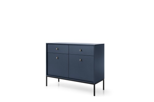 Nowoczesna komoda granatowa Mono MKSZ104 ujęcie pod kątem, widoczna wysokość 83 cm i czarna rama metalowa nóżek