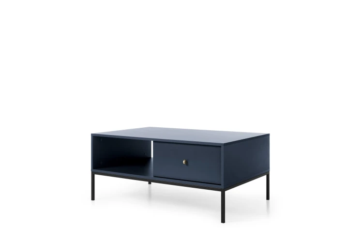 Ława granatowa Mono ML104 ujęcie pod kątem, widoczny szeroki blat 104x68 cm i nowoczesna rama metalowa nóżek