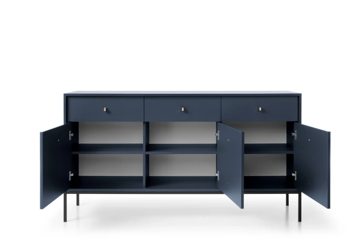 Otwarta szeroka komoda granatowa Mono MKSZ154, prezentująca system szuflad oraz szafek z półkami w kolorze navy blue