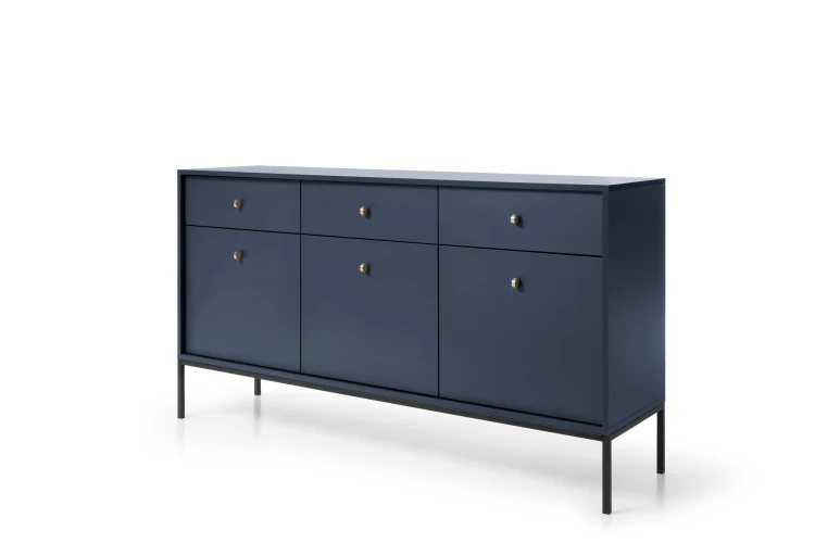 Granatowa komoda Mono MKSZ154 ujęcie pod kątem, widoczna wysokość 83 cm, głębokość 39 cm i elegancka metalowa rama