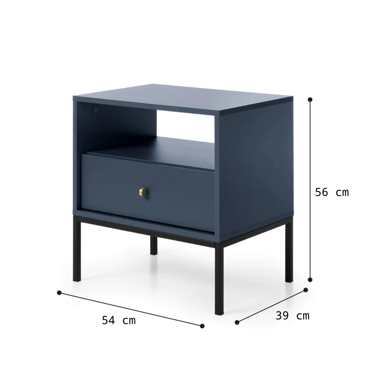 Rysunek techniczny szafki nocnej Mono MS54: szerokość 54 cm, wysokość 56 cm, głębokość 39 cm, stelaż 18,2 cm