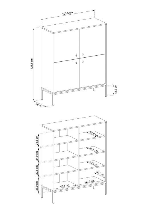 Rysunek techniczny komody Mono MK104: szerokość 104 cm, wysokość 125 cm, głębokość 39 cm – dokładne wymiarowanie wysokiej bryły