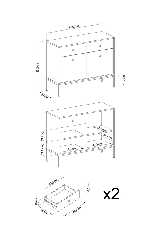 Rysunek techniczny i dokładne wymiary komody Mono MKSZ104: szerokość 103,5 cm, wysokość całkowita 83 cm, głębokość 39 cm oraz wysokość czarnego stelaża 18,2 cm – schemat konstrukcji bryły