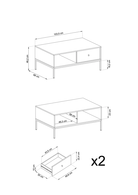 Rysunek techniczny stolika kawowego Mono ML104: szerokość 104 cm, głębokość 68 cm, wysokość 46 cm, stelaż 18,2 cm – wymiarowanie