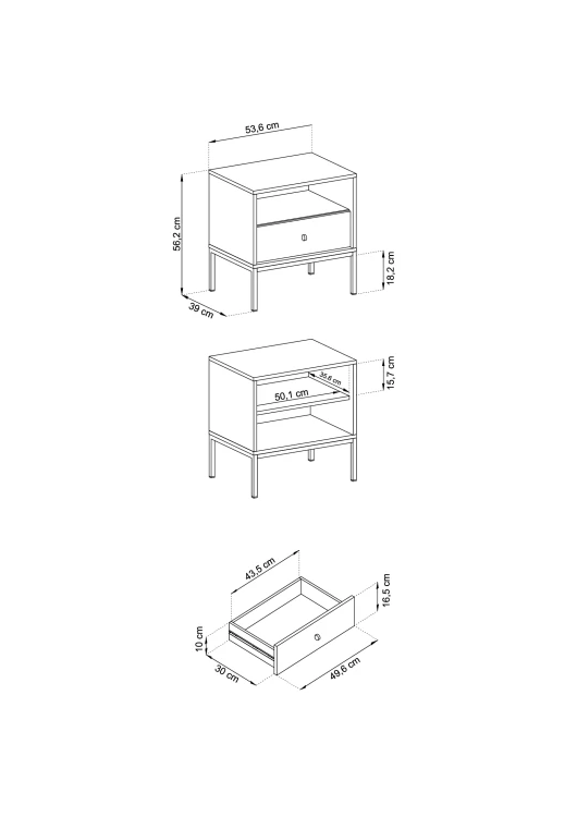 Rysunek techniczny szafki nocnej Mono MS54: szerokość 54 cm, wysokość 56 cm, głębokość 39 cm, stelaż 18,2 cm – wymiarowanie bryły
