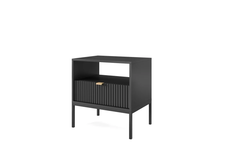 Nowoczesny stolik nocny czarny Nova S54 ujęcie pod kątem, widoczna głębokość 39 cm i stabilna konstrukcja w stylu loft