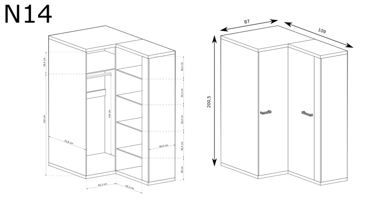 Szafa Natural N14 Ribbeck – rysunek techniczny z wymiarami