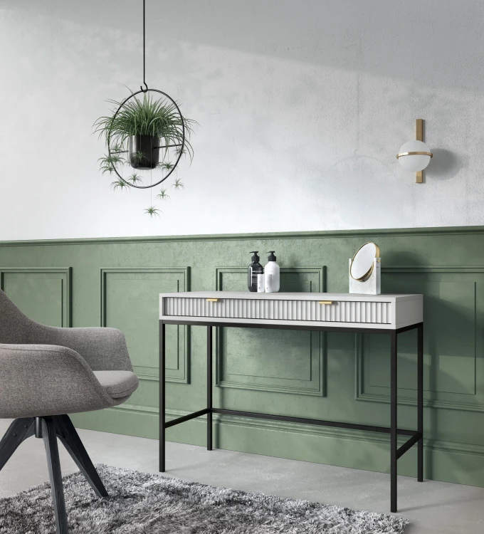 Stylowa sypialnia z szarą toaletką Nova T104, lusterko na blacie, kącik urody w stylu skandynawskim