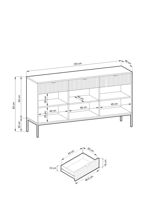 Rysunek techniczny komody Nova KSZ154: szerokość 154 cm, wysokość 83 cm, głębokość 39 cm, wymiarowanie bryły