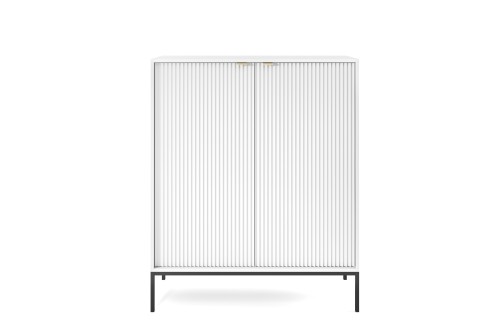 Komoda biała wysoka Nova K104, widok z przodu, dwoje drzwiczek, nowoczesny biały mat, wysokość 125 cm widok 2