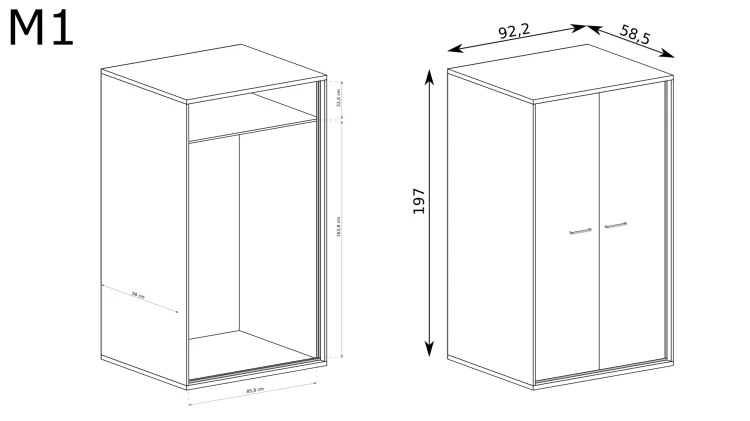 Szafa Mediolan M-1 Hikora – rysunek techniczny z wymiarami