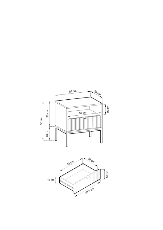 Rysunek techniczny szafki nocnej Nova S54: szerokość 54 cm, wysokość 56 cm, głębokość 39 cm, wymiarowanie bryły
