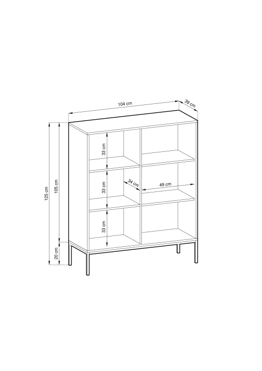 ysunek techniczny komody wysoka Nova K104: szerokość 104 cm, wysokość 125 cm, głębokość 39 cm, wymiarowanie bryły