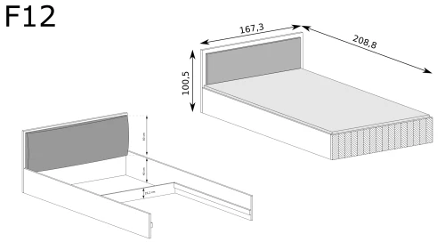 Łóżko Fonti F-12 Caramel Oak – rysunek techniczny z wymiarami