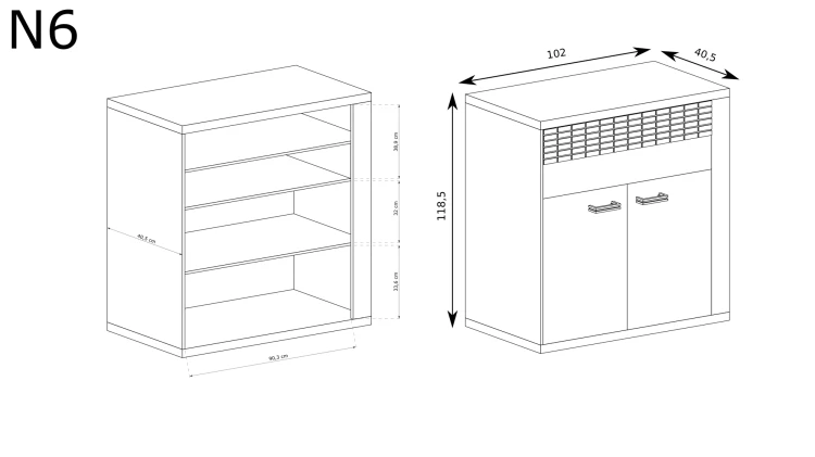 Komoda Natural N6 Ribbeck – rysunek techniczny z wymiarami