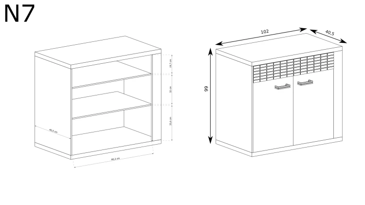 Komoda Natural N7 Ribbeck – rysunek techniczny z wymiarami