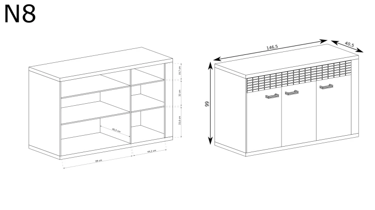 Komoda Natural N8 Ribbeck – rysunek techniczny z wymiarami