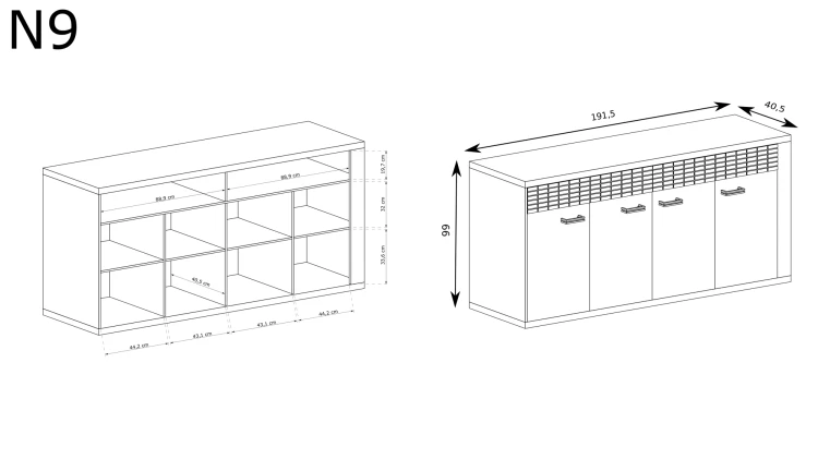 Komoda Natural N9 Ribbeck – rysunek techniczny z wymiarami