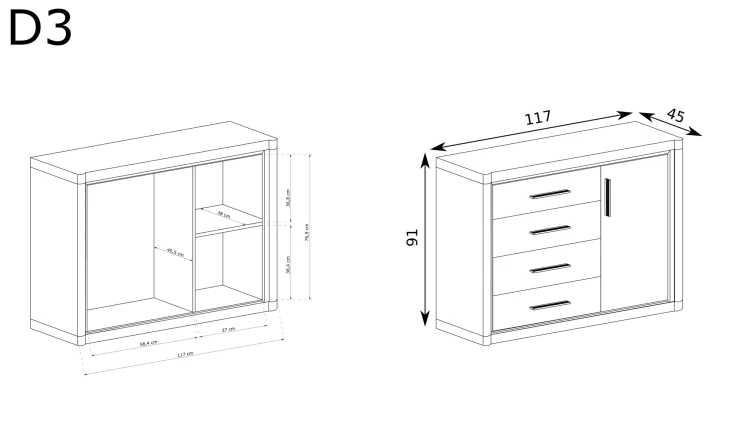 Komoda Dallas D-3 Dąb Truflowy – rysunek techniczny z wymiarami
