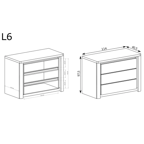 Komoda Livinio LIVINIO-6 Ribbeck – rysunek techniczny z wymiarami