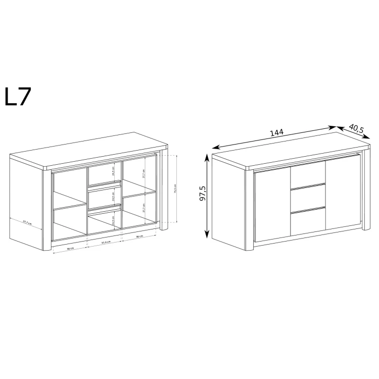 Komoda Livinio LIVINIO-7 Ribbeck – rysunek techniczny z wymiarami