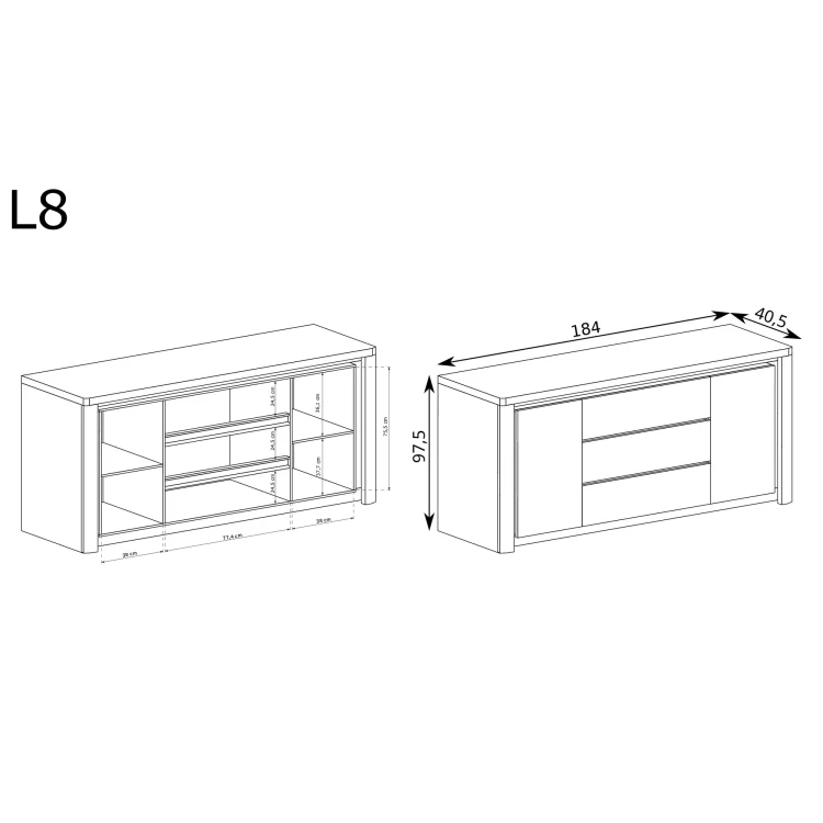 Komoda Livinio LIVINIO-8 Ribbeck – rysunek techniczny z wymiarami