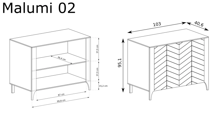 Komoda Malumi MM-2 Cashmere – rysunek techniczny z wymiarami