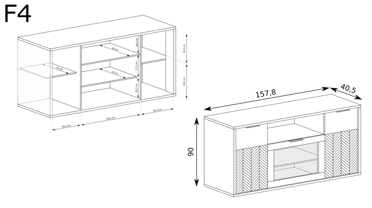 Komoda Fonti F-4 Caramel Oak – rysunek techniczny z wymiarami