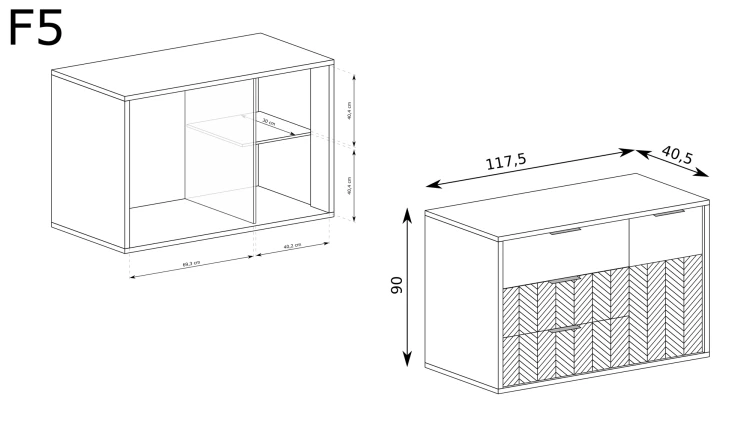 Komoda Fonti F-5 Caramel Oak – rysunek techniczny z wymiarami