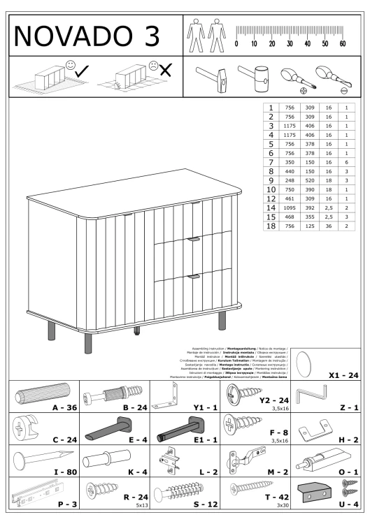 Komoda Novado NOVADO-3 Clay Gray – rysunek techniczny z wymiarami 2