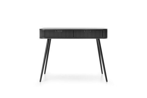 Czarna toaletka Zova T103 widok z przodu, dwie szuflady z frezowanym frontem MDF, wysokie czarne nóżki 65 cm, styl Total Black