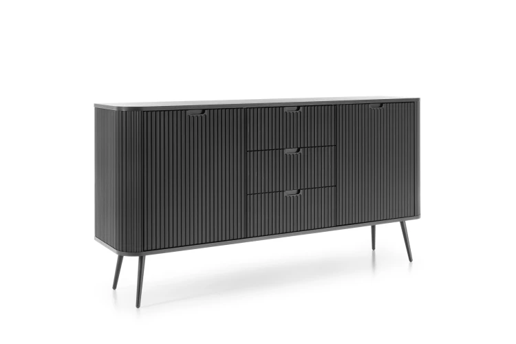 Nowoczesna czarna komoda Zova KSZ168 ujęcie pod kątem, widoczna tekstura frezowanych frontów MDF i wysokość 87 cm