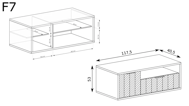 RTV Fonti F-7 Caramel Oak – rysunek techniczny z wymiarami