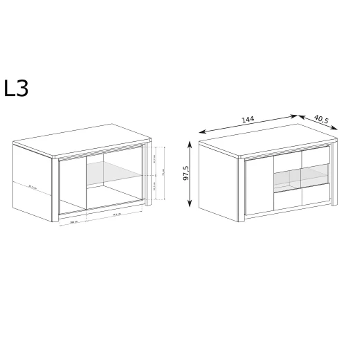Komoda-Witryna Livinio LIVINIO-3 Ribbeck – rysunek techniczny z wymiarami