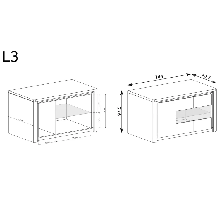 Komoda-Witryna Livinio LIVINIO-3 Ribbeck – rysunek techniczny z wymiarami