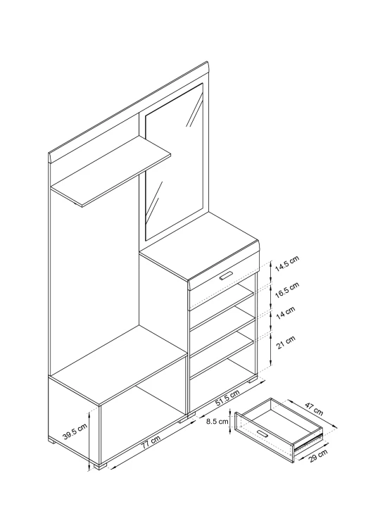 Rysunek techniczny 2 garderoby Stella: szerokość 135 cm, wysokość 197 cm, głębokość 34 cm, opis elementów zestawu
